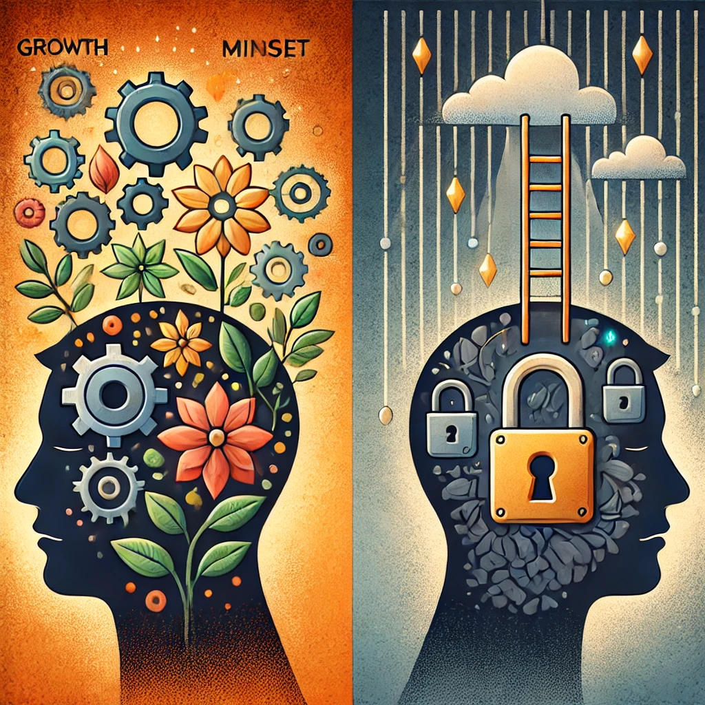 DALL·E 2024 10 29 20.50.39 An image representing the contrast between Growth Mindset and Fixed Mindset. The image shows two profiles of human heads facing each other with one h