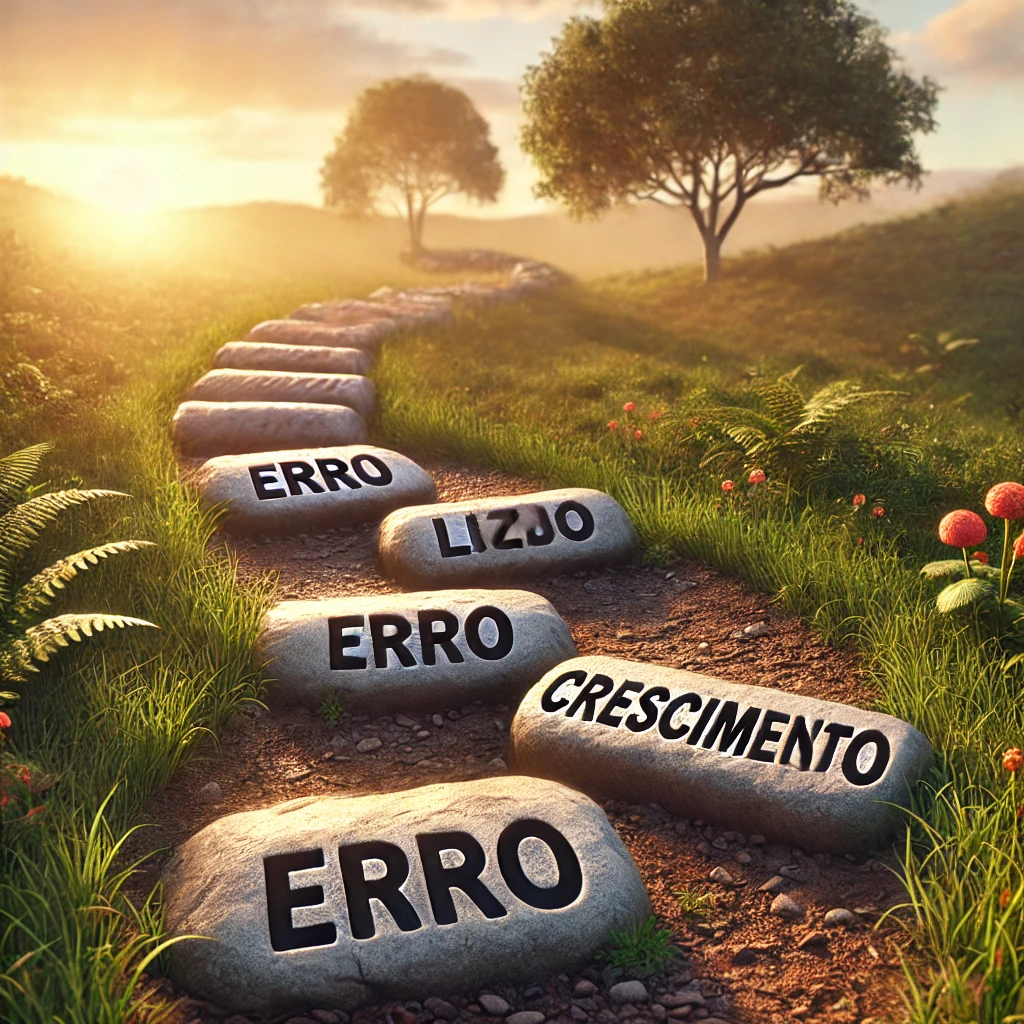 DALL·E 2024 10 30 20.46.14 A realistic inspiring image representing the concept of learning from mistakes in Portuguese. A winding stone path leads into the distance with ston