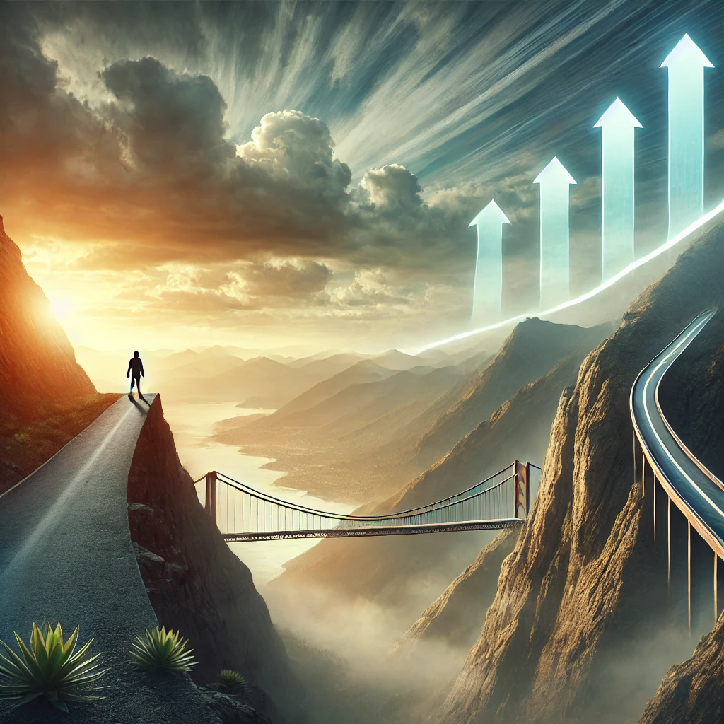 DALL·E 2024 11 03 18.12.23 An inspiring image representing the concept of overcoming challenges. A person stands on the edge of a cliff looking at a bridge that spans toward a