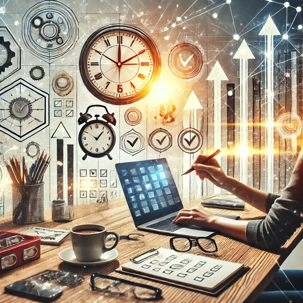 DALL·E 2024 11 07 20.04.01 A highly detailed and motivational image representing productivity and focus. A person is working efficiently at a desk with organized tools and a lap